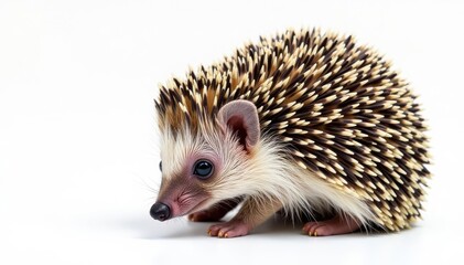 Fototapeta premium Tiny hedgehog curled in ball, isolated on white background, thorn, cute