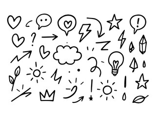 Line marker hand drawn brush arrow element set. Sketch pencil stroke vector graphic pen underline scribble icon. Hand drawn line heart, crown, star symbol highlight marker shape. Vector illustration