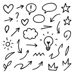 Line marker hand drawn brush arrow element set. Sketch pencil stroke vector graphic pen underline scribble icon. Hand drawn line heart, crown, star symbol highlight marker shape. Vector illustration