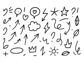 Line marker hand drawn brush arrow element set. Sketch pencil stroke vector graphic pen underline scribble icon. Hand drawn line heart, crown, star symbol highlight marker shape. Vector illustration
