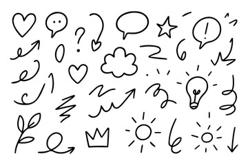 Line marker hand drawn brush arrow element set. Sketch pencil stroke vector graphic pen underline scribble icon. Hand drawn line heart, crown, star symbol highlight marker shape. Vector illustration
