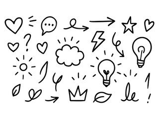 Line marker hand drawn brush arrow element set. Sketch pencil stroke vector graphic pen underline scribble icon. Hand drawn line heart, crown, star symbol highlight marker shape. Vector illustration