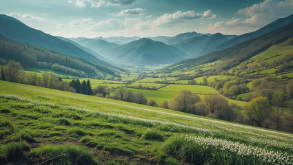 Obraz premium Breathtaking green valley surrounded by majestic mountains under a cloudy sky