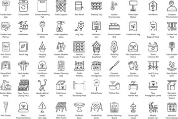 Gardening Tools and Equipment Icons, Outline Vector Illustration