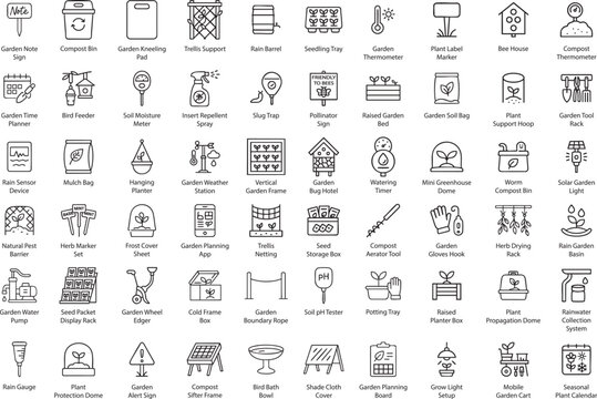Gardening Tools and Equipment Icons, Outline Vector Illustration