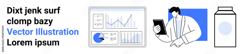 Poster business tools including tablet and analytics dashboard with graphs and pie chart. ideal for finance