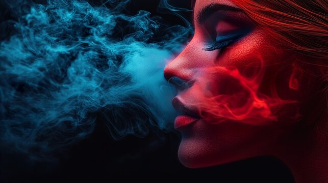 Fototapeta Bright red and blue smoke envelops a personÐ²Ð‚â„¢s face, creating an artistic and ethereal atmosphere. HD 8k wallpaper photographic image