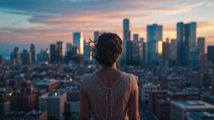 Woman watching new york city skyline at sunset from a rooftop