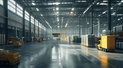 low-noise open space warehouse with green tech, ultra realistic, 8K,