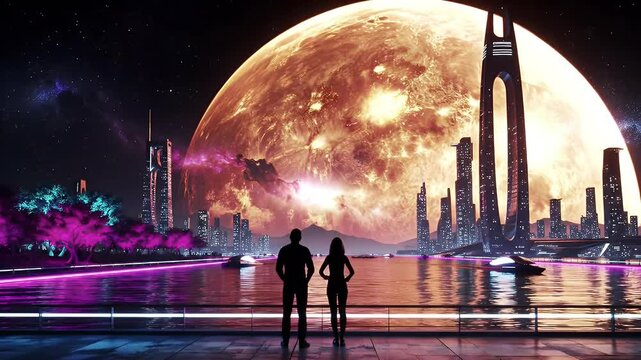 Couple watching a giant planet rise over a futuristic alien city skyline