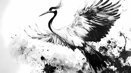 Fine Crane Brush Painting - Oriental Minimalist Wildlife Sketch