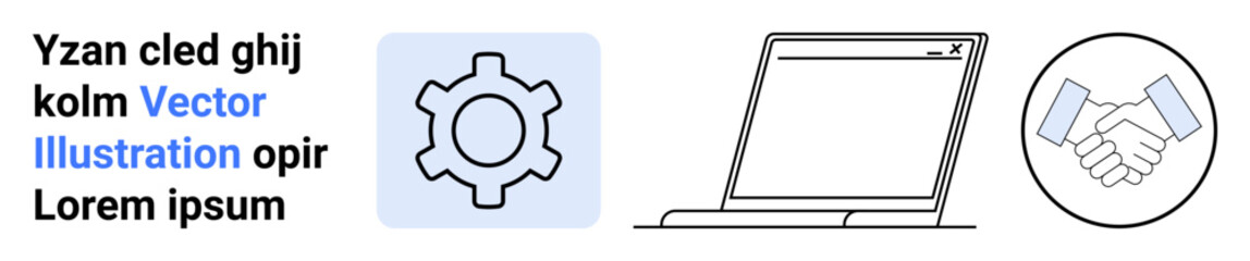 Gear icon, laptop outline, and handshake icon evoke technology, business automation, collaboration, and partnerships. Ideal for tech branding, corporate materials, software consulting services