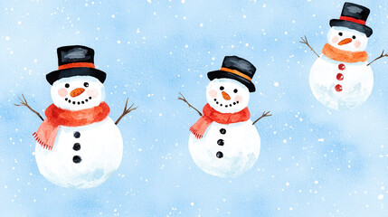 Obraz premium Minimalist watercolor snowman faces with cheerful expressions, set against soft blue background, evoke joyful winter spirit
