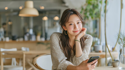 Plakat カフェでスマホを使う若い女性