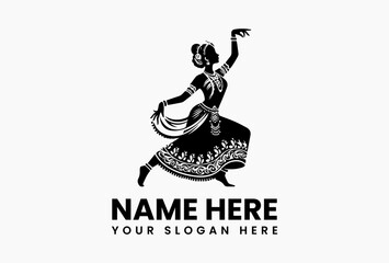 Detailed black and white vector silhouette of Bharatanatyam dancer in traditional costume for cultural branding