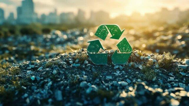 Green recycling symbol on fertile soil during sunset in a cultivated field, representing sustainability, waste reduction, environmental care, and agricultural eco-practices with copy space