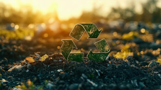 Green recycling symbol on fertile soil during sunset in a cultivated field, representing sustainability, waste reduction, environmental care, and agricultural eco-practices with copy space