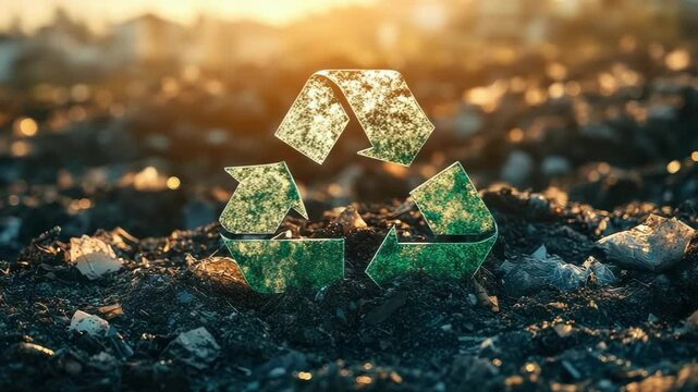 Green recycling symbol on fertile soil during sunset in a cultivated field, representing sustainability, waste reduction, environmental care, and agricultural eco-practices with copy space