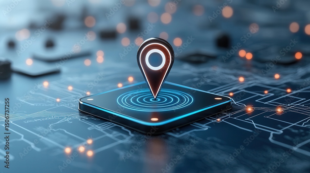 Poster a close up view of a distinctive location pin or marker on a digital map interface showcasing a mode