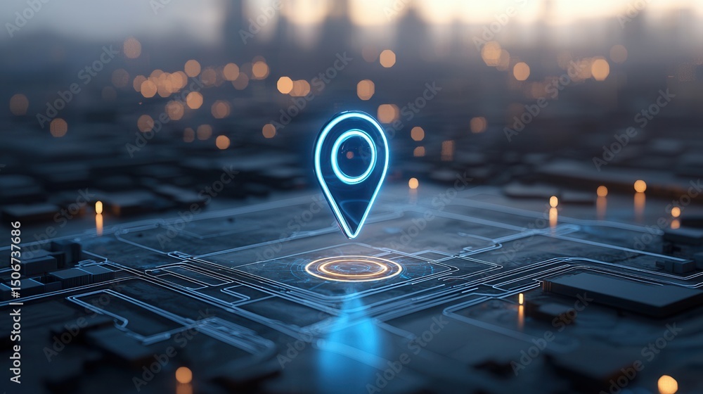 Poster this image depicts a high tech location pin glowing with a captivating blue light symbolizing the ad