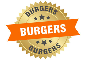Obraz premium burgers. burgers round orange and gold label isolated on transparent background