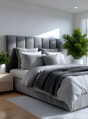 Serene bedroom interior with gray upholstered bed and lush green