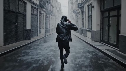 Man running through hailstorm in city street - Powered by Adobe