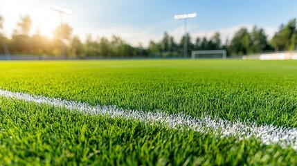 This image depicts a beautifully manicured sports field with lush vibrant green grass and crisp white markings  The field is surrounded by a natural outdoor environment