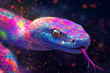 Obraz premium Colorful snake with vibrant patterns and sparkling background, showcasing its unique beauty