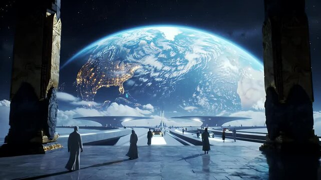 People in a futuristic space station above Earth