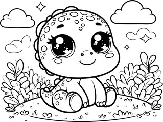 Cute Baby Dinosaur Coloring Page – Kawaii Prehistoric Landscape Illustration