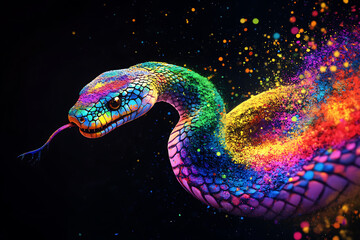 Fototapeta premium Vibrant snake emerging from colorful splashes, showcasing artistic expression and creativity