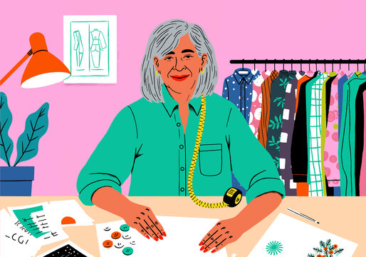 Illustration of a fashion designer working in a creative studio with sketches and a measuring tape.