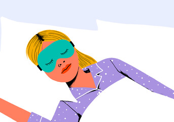 Illustration of a person sleeping peacefully with a sleep mask and pajamas
