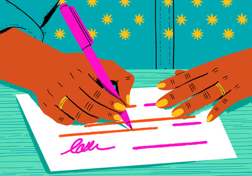 Colorful illustration of hands writing with a pen on paper at a desk