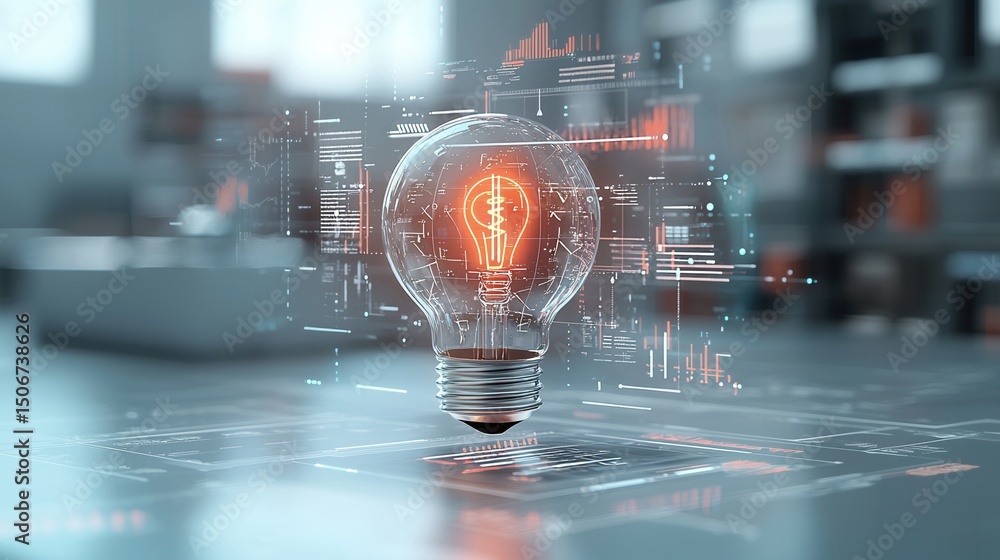 Poster this dynamic and visually engaging 3d showcases a glowing light bulb as a symbol of financial innova