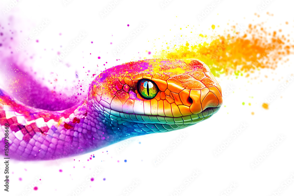 Poster colorful snake with vibrant scales swimming through a splash of paint, creating a dynamic visual eff