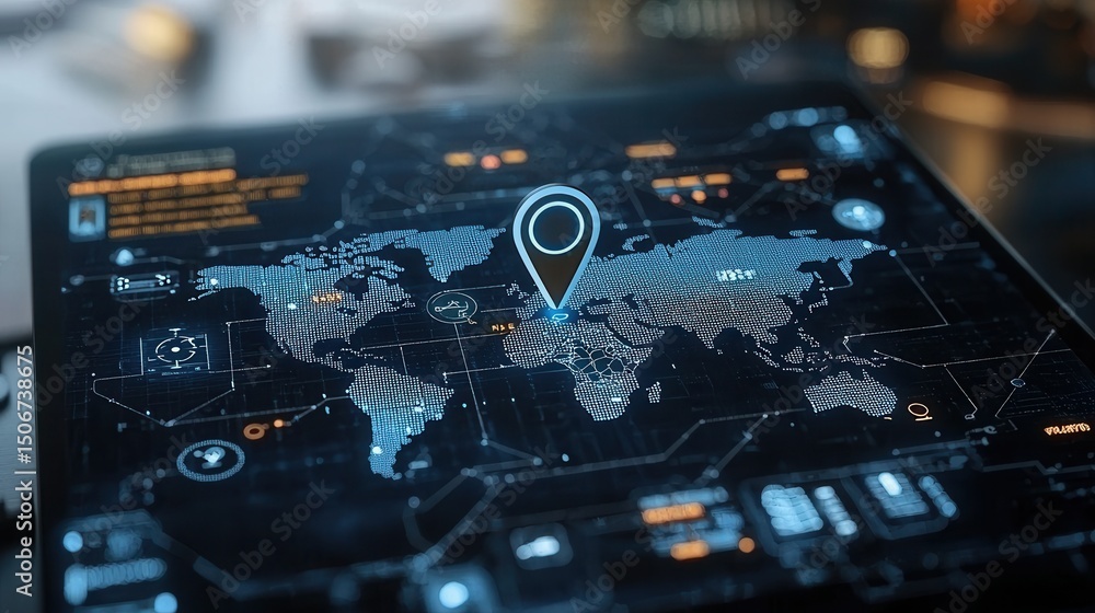 Poster a detailed digital world map featuring a pinpointed location marker showcasing global connectivity d