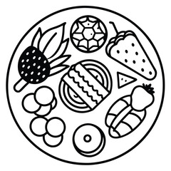Round Food Icon Set – Fun Cartoon and Line Art Style of Snacks, Fruits, Desserts, and Fast Food Illustrations. Bakery Round Design Template Line Icon Concept.
