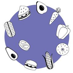 Round Food Icon Set – Fun Cartoon and Line Art Style of Snacks, Fruits, Desserts, and Fast Food Illustrations. Bakery Round Design Template Line Icon Concept.
