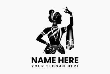 Traditional Indian Bharatanatyam dancer silhouette in elegant black and white vector logo with costume details