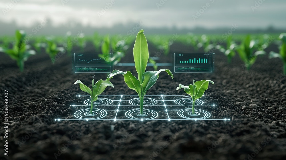 Poster this image depicts an advanced farming ecosystem with corn plants growing in a digital data driven e