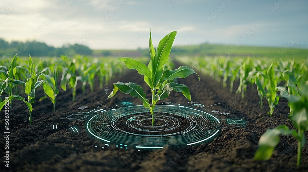 Poster a futuristic and sustainable farming ecosystem showcasing advanced technology with corn crops featur