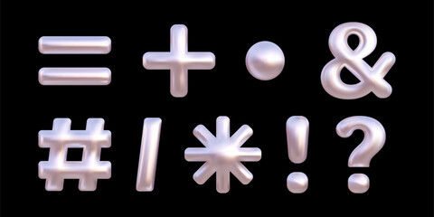 Chrome math signs vector 3d icons set. Metallic hashtag, ampersand, exclamation and question marks. Shining silver shapes isolated on black background