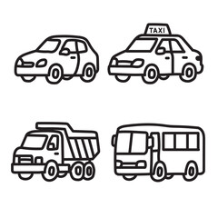 Collection of car icons, black color on white background. Vector illustration.