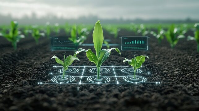 This image depicts an advanced farming ecosystem with corn plants growing in a digital data driven environment  It showcases the of modern technology analytics