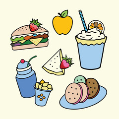 Cartoon Asian Food Vector Set – Cute Traditional Dishes, Rice Bowls, Dumplings, Noodles, lemon, strawberry, watermelon, Ice Cream ,Sandwich ,cupcake ,burger, coffee, and Tea Icons.