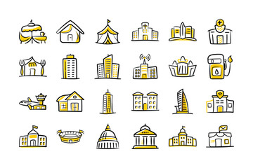 Hand Drawn Building and Landmark Icons Set &ndash; Doodle Style Architecture Symbols

