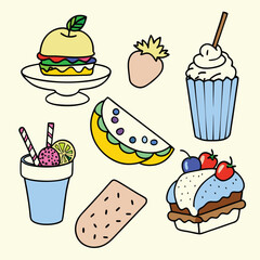 Cartoon Asian Food Vector Set – Cute Traditional Dishes, Rice Bowls, Dumplings, Noodles, lemon, strawberry, watermelon, Ice Cream ,Sandwich ,cupcake ,burger, coffee, and Tea Icons.