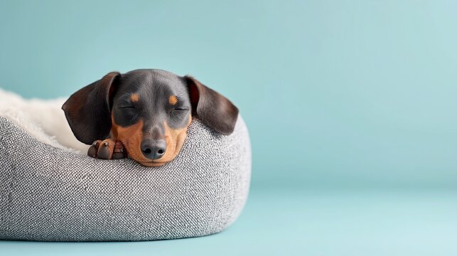 Adorable dachshund peacefully sleeping in a soft gray pet bed against a clean blue background. This high-quality image conveys relaxation, pet wellness, and comfort. Great for use in pet lifestyle
